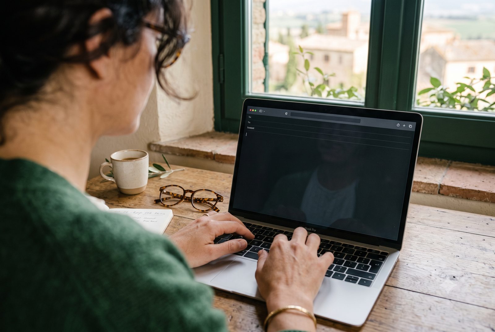 Gestrice di un B&B che risponde con calma a una recensione dal suo laptop, con vista sulle colline