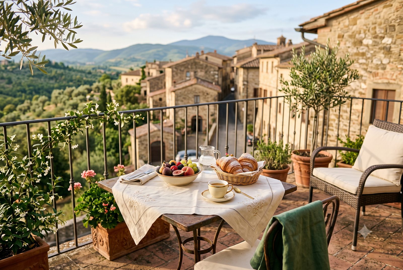 Colazione servita sulla terrazza di un B&B italiano con vista sul borgo