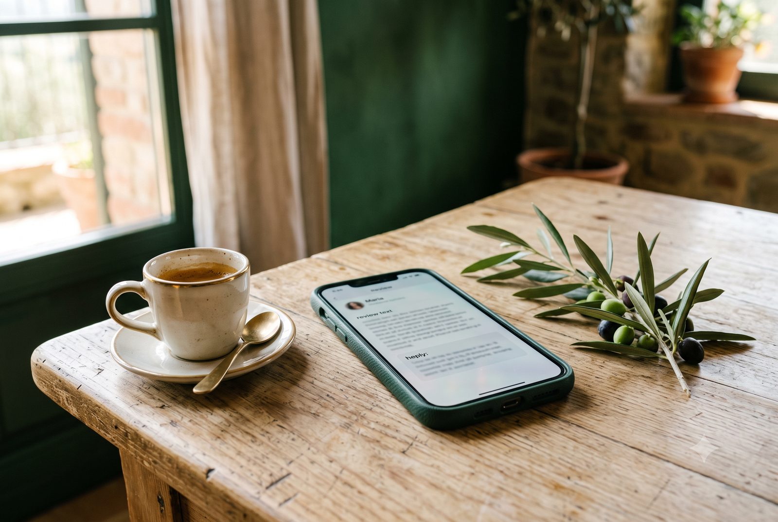 Una recensione con la risposta pronta da incollare sullo schermo di uno smartphone, accanto a un caffè